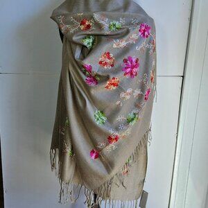 Tan/embroidered floral shawl/wrap